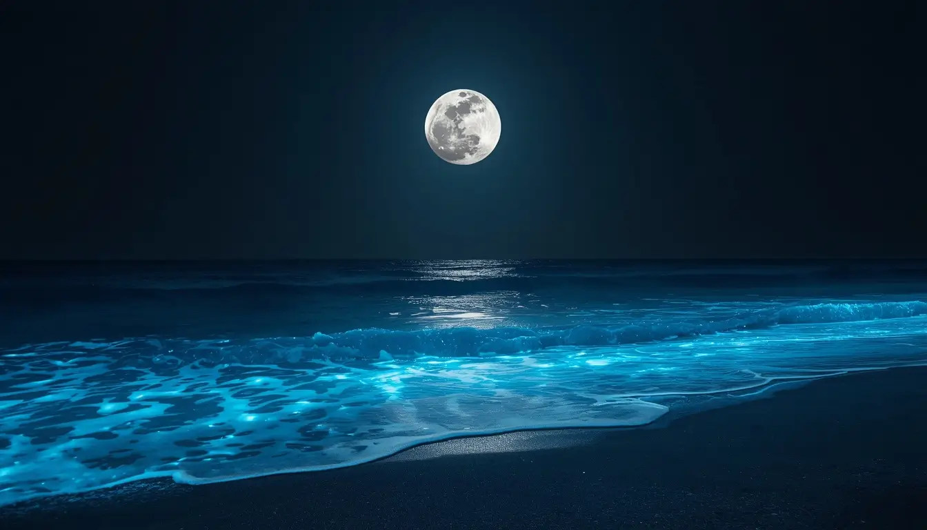 Neon blue ocean waves glowing under a bright full moon on a dark beach at night.