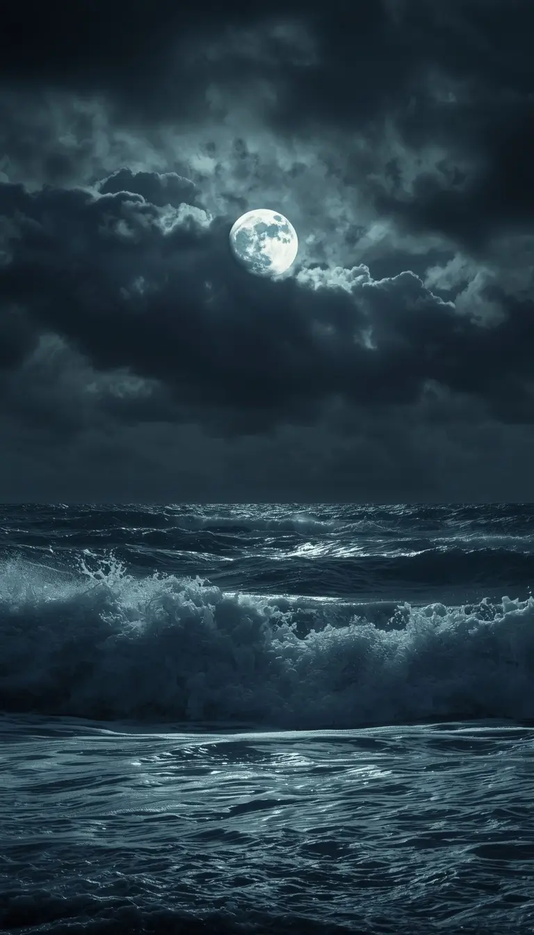 Beautiful ocean waves shining under a bright full moon with dark clouds in the night sky.