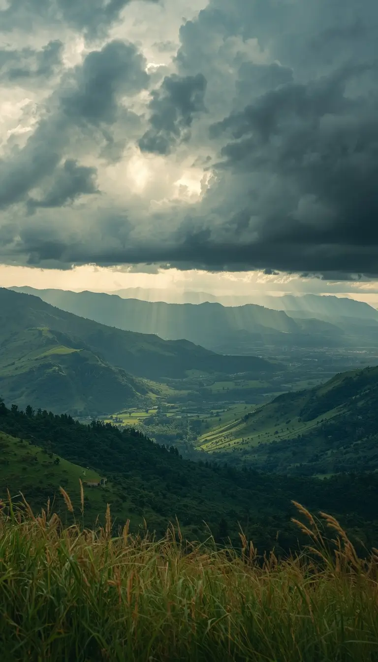 Dark storm clouds over green mountain valley with sun rays shining through cinematic nature-wallpaper for desktop and phone