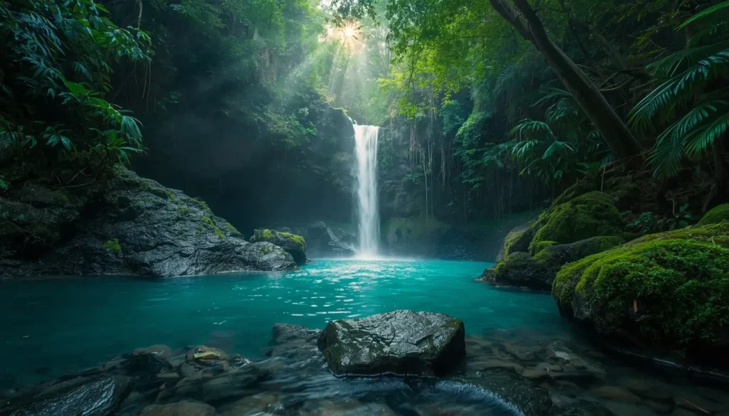 Tropical jungle waterfall with turquoise water and sun rays nature-wallpaper for desktop and phone backgrounds