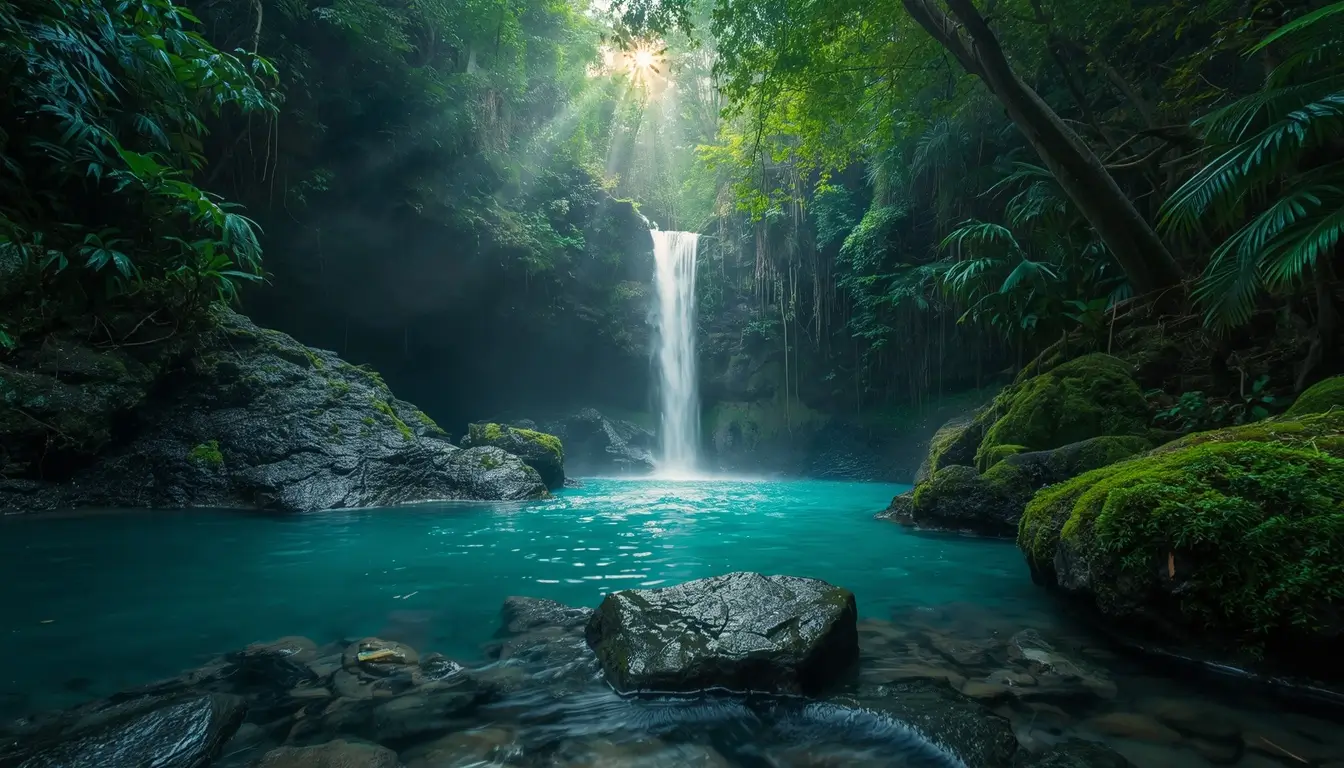 Tropical jungle waterfall with turquoise water and sun rays nature-wallpaper for desktop and phone backgrounds