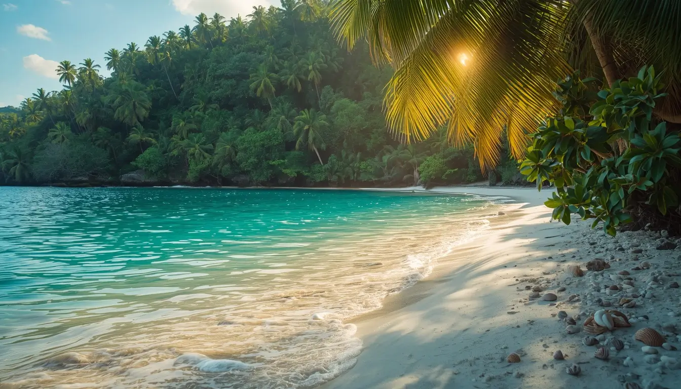 Tropical beach with turquoise water, palm trees, and sunny jungle nature-wallpaper for desktop and phone backgrounds
