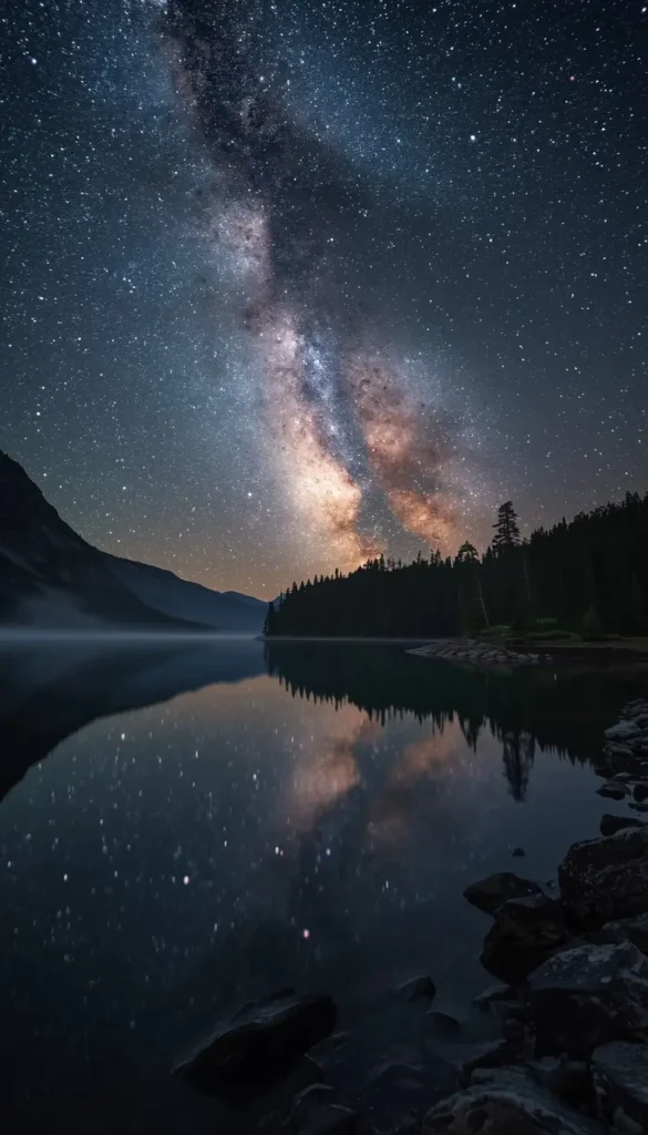 Milky Way galaxy above a calm mountain lake with star reflections nature-wallpaper for desktop and phone backgrounds