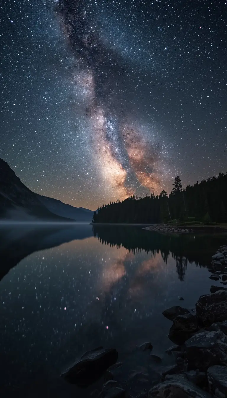 Milky Way galaxy above a calm mountain lake with star reflections nature-wallpaper for desktop and phone backgrounds