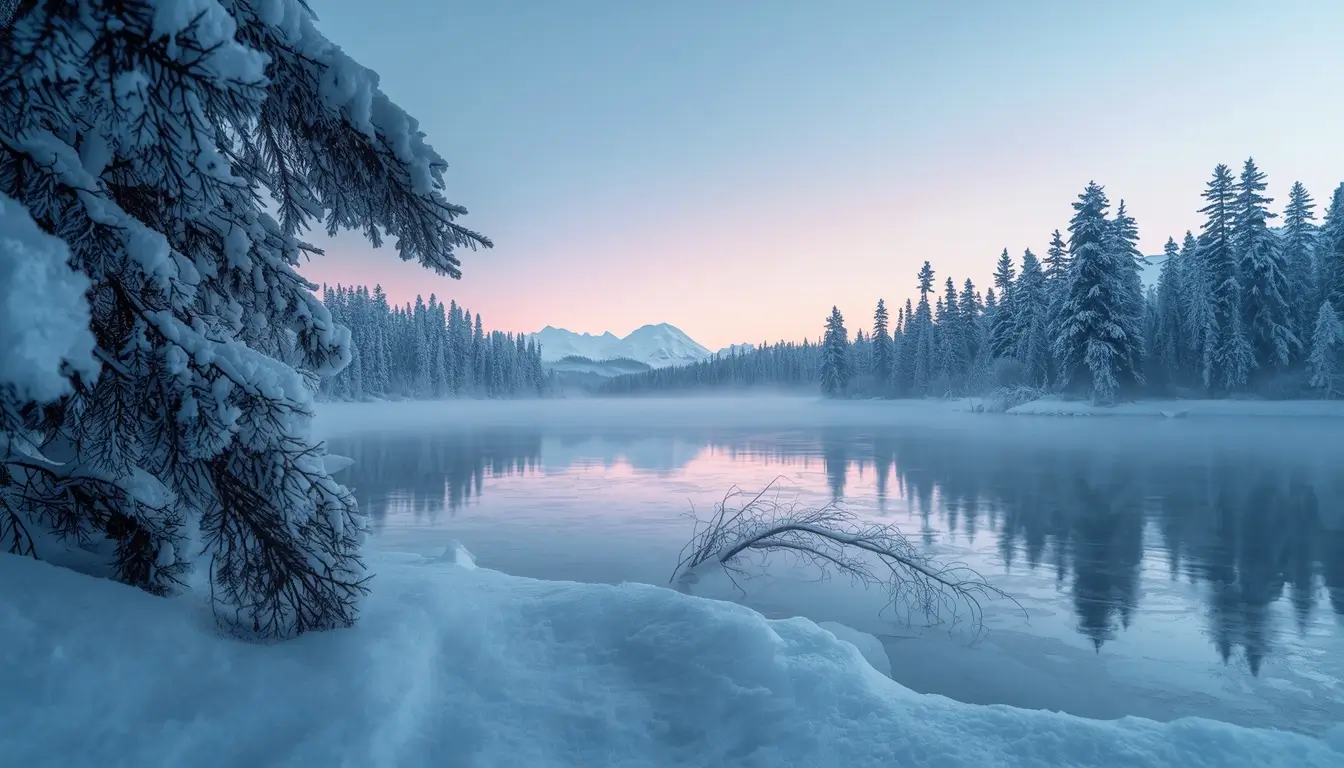 Frozen winter lake with snowy pine forest and soft sunrise reflection nature-wallpaper for desktop and phone backgrounds