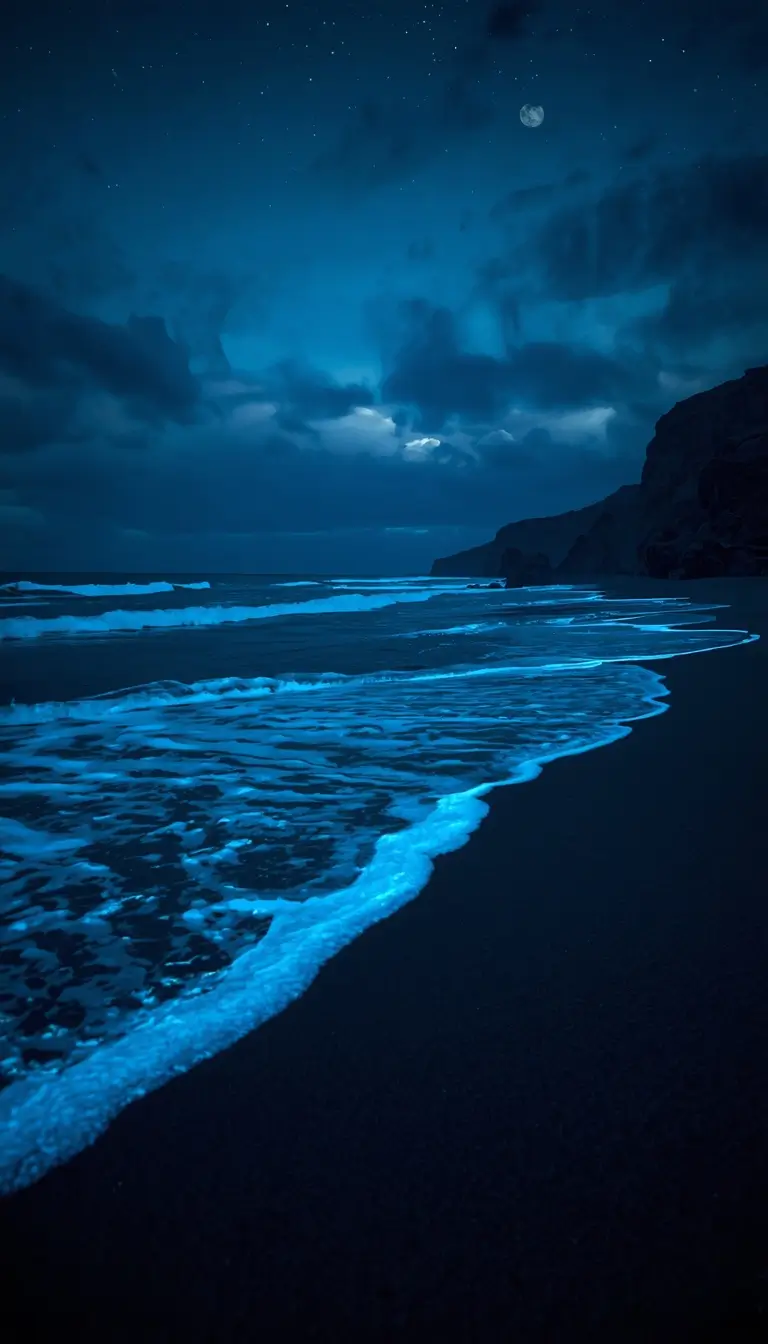 Glowing bioluminescent waves on a dark beach under a starry night sky nature-wallpaper for desktop and phone backgrounds