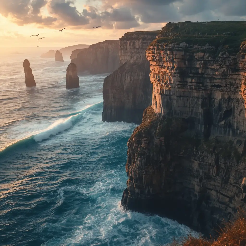 Massive ocean cliffs with waves and sunset sky cinematic nature-wallpaper for desktop and phone backgrounds