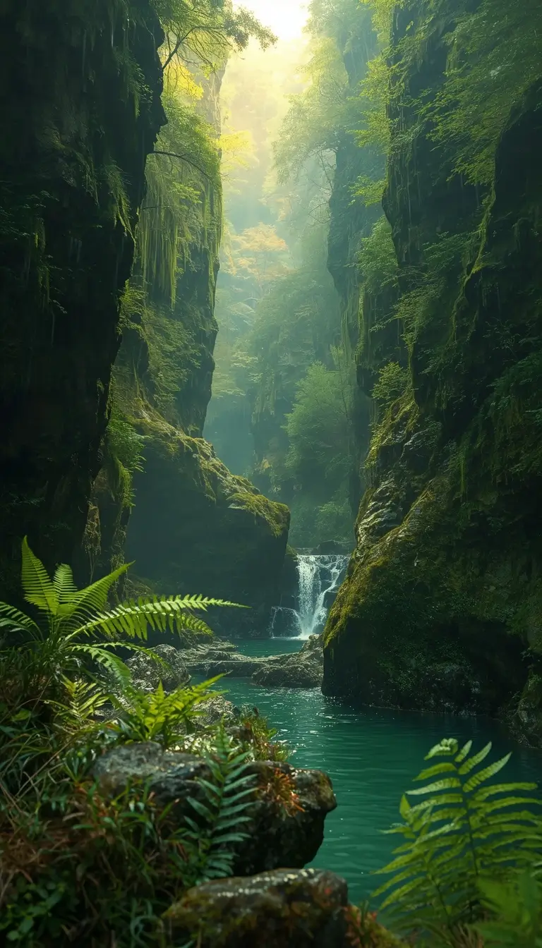 Hidden emerald canyon with waterfall, lush forest, and glowing sunlight nature-wallpaper for desktop and phone backgrounds