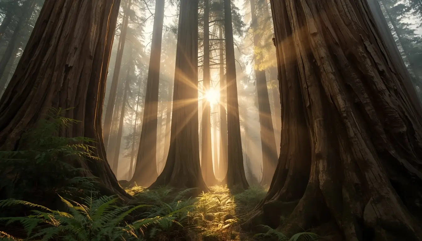 Sunlight shining through giant redwood trees in a misty forest nature-wallpaper for desktop and phone backgrounds