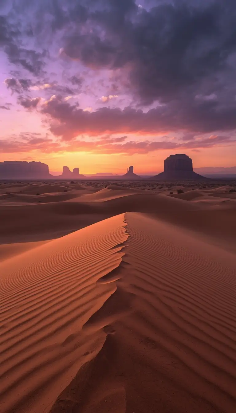 Golden desert sand dunes under a colorful sunset sky cinematic nature-wallpaper for desktop and phone backgrounds