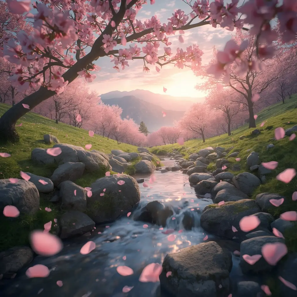Pink cherry blossom trees beside a flowing mountain stream at sunset nature-wallpaper for desktop and phone backgrounds