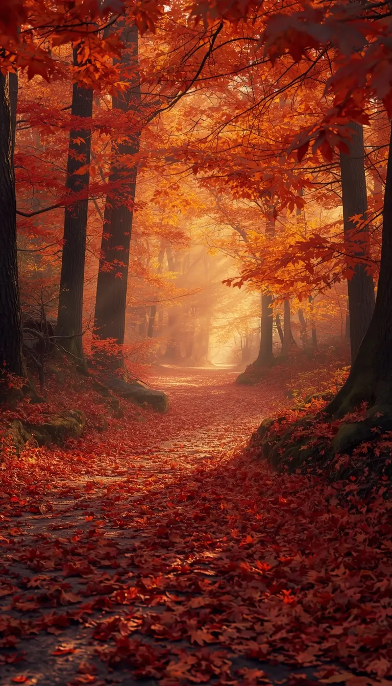 Autumn forest path covered with red leaves and glowing sunlight nature-wallpaper for desktop and phone backgrounds