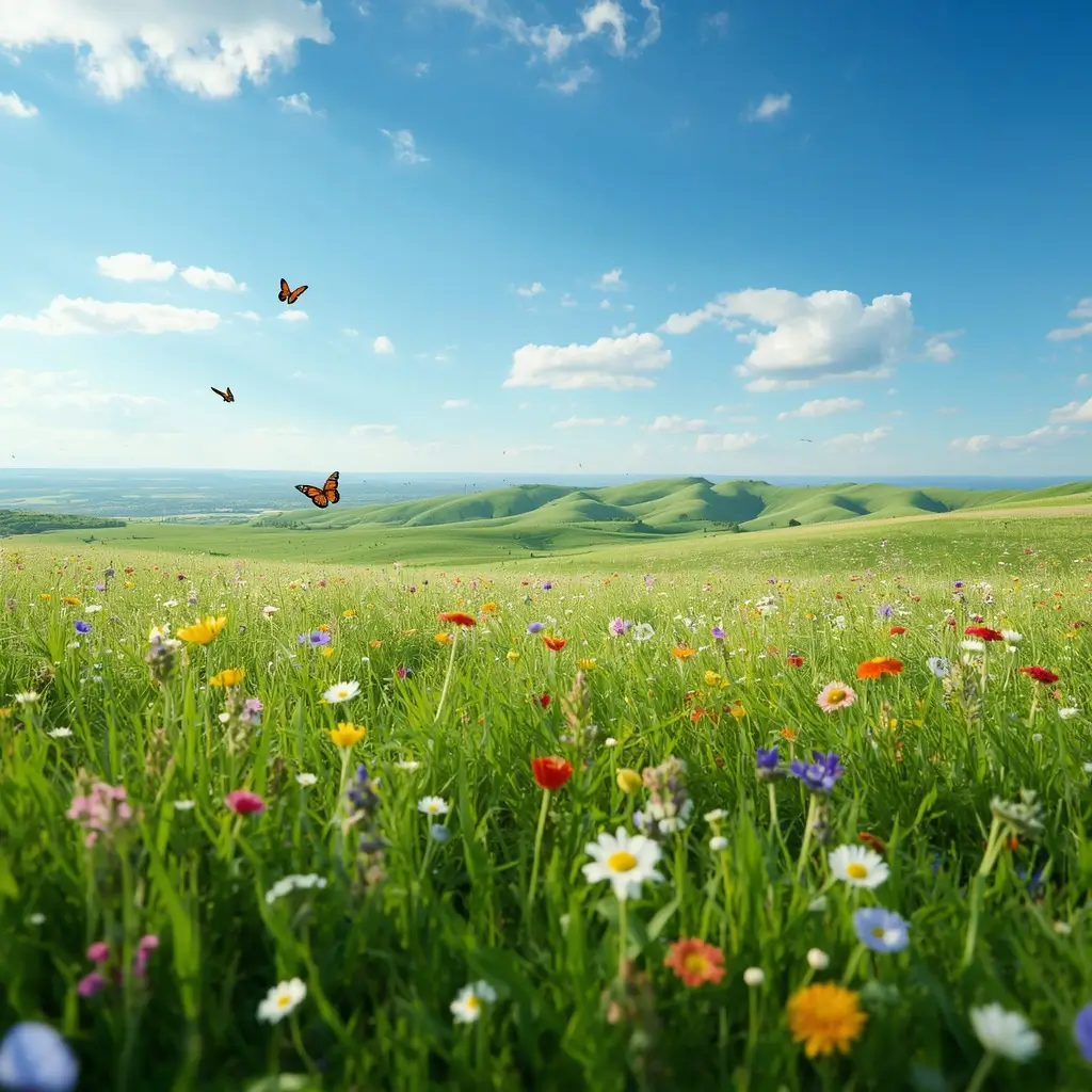Colorful spring meadow with wildflowers, butterflies, and green hills nature-wallpaper for desktop and phone backgrounds