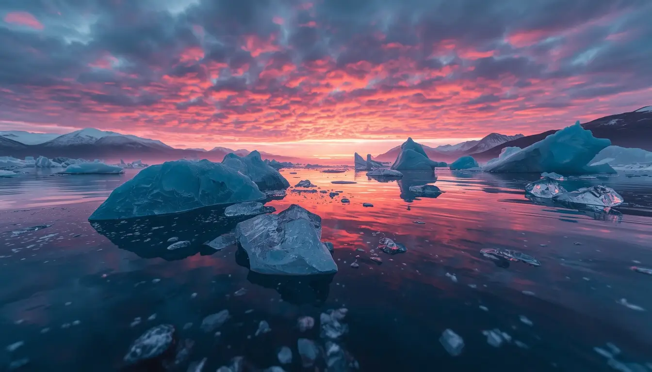 Blue glacier lagoon with pink sunset sky and icy reflections nature-wallpaper for desktop and phone backgrounds