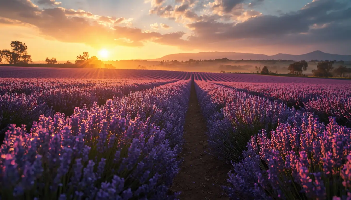 Beautiful lavender field at sunset with purple flowers, mountains, and glowing sky nature wallpaper for desktop and phone