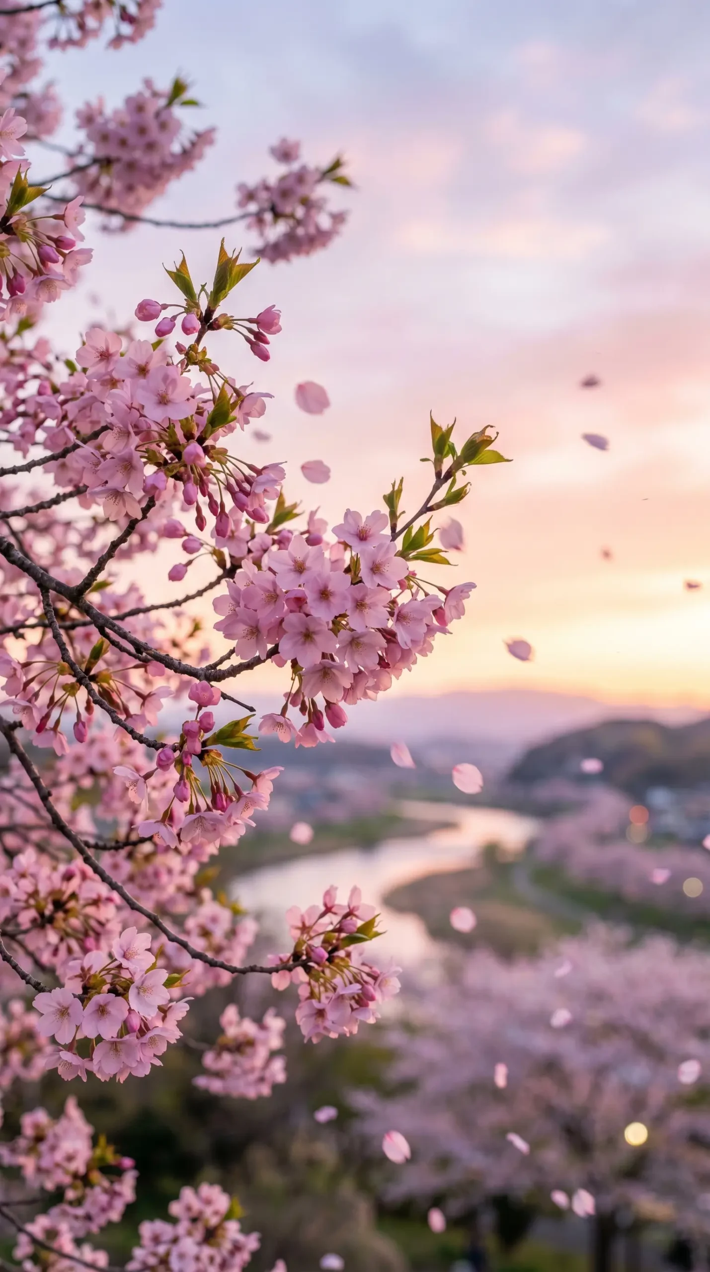 Pink cherry blossom branches with falling petals overlooking a peaceful river landscape during a soft pastel sunset.
