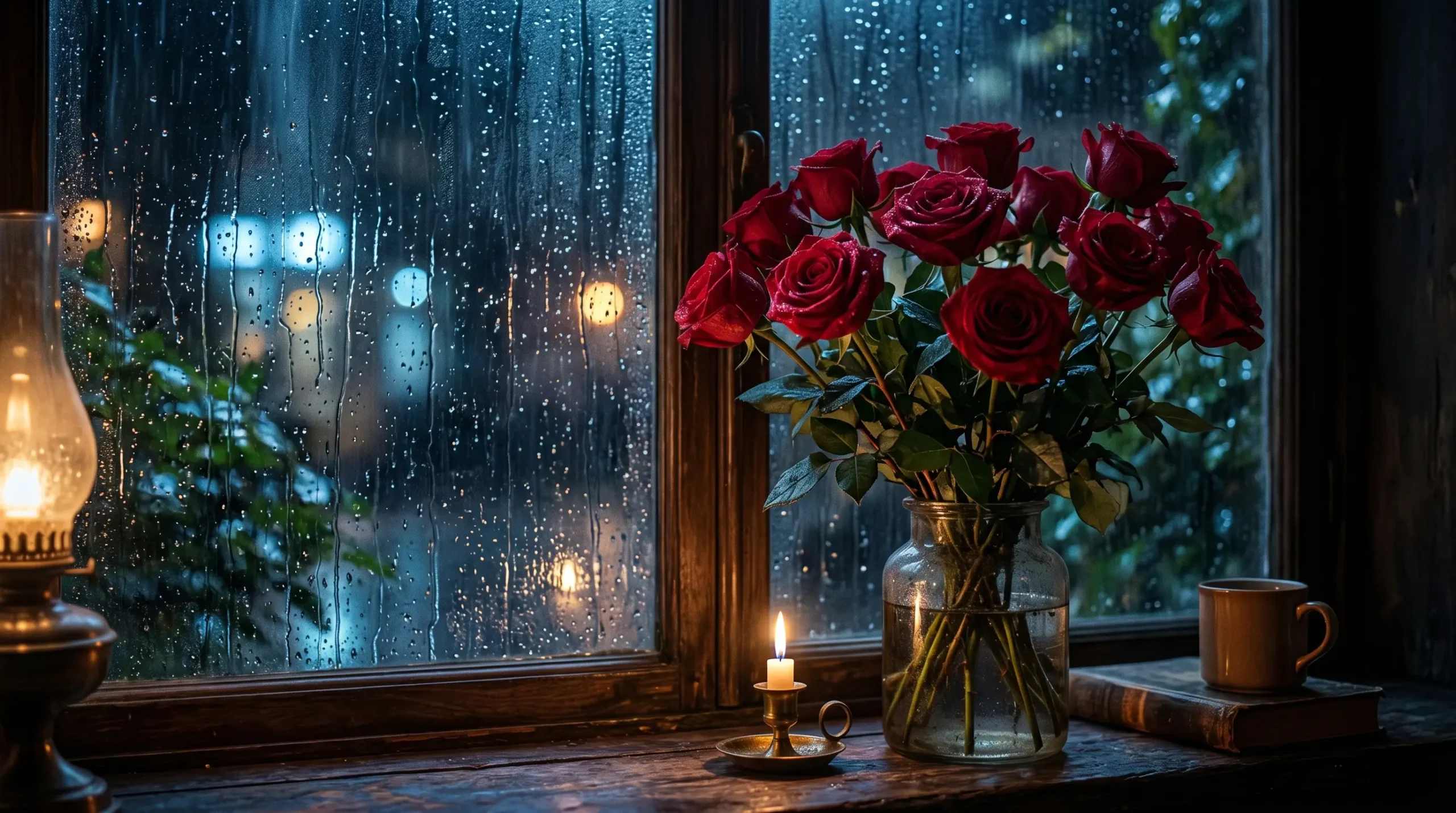 Red roses in a glass vase beside a rainy window with candlelight and cozy nighttime aesthetic interior.