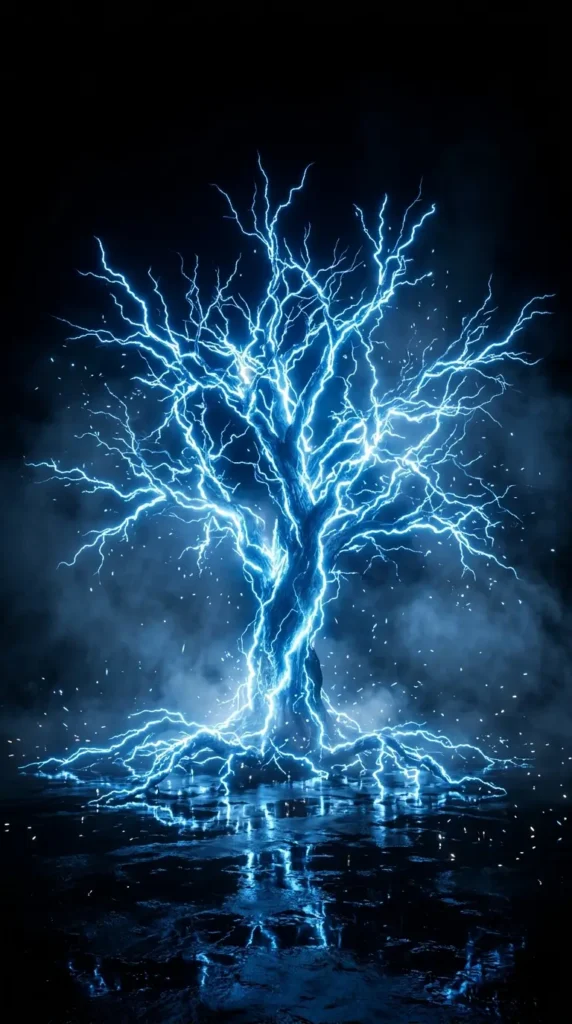 Bright electric blue lightning tree glowing in darkness with reflections on a black AMOLED 4K background.