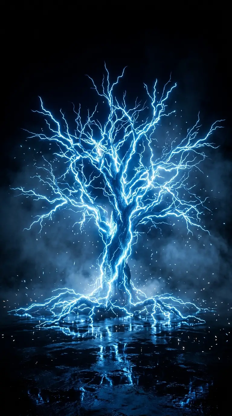 Bright electric blue lightning tree glowing in darkness with reflections on a black AMOLED 4K background.