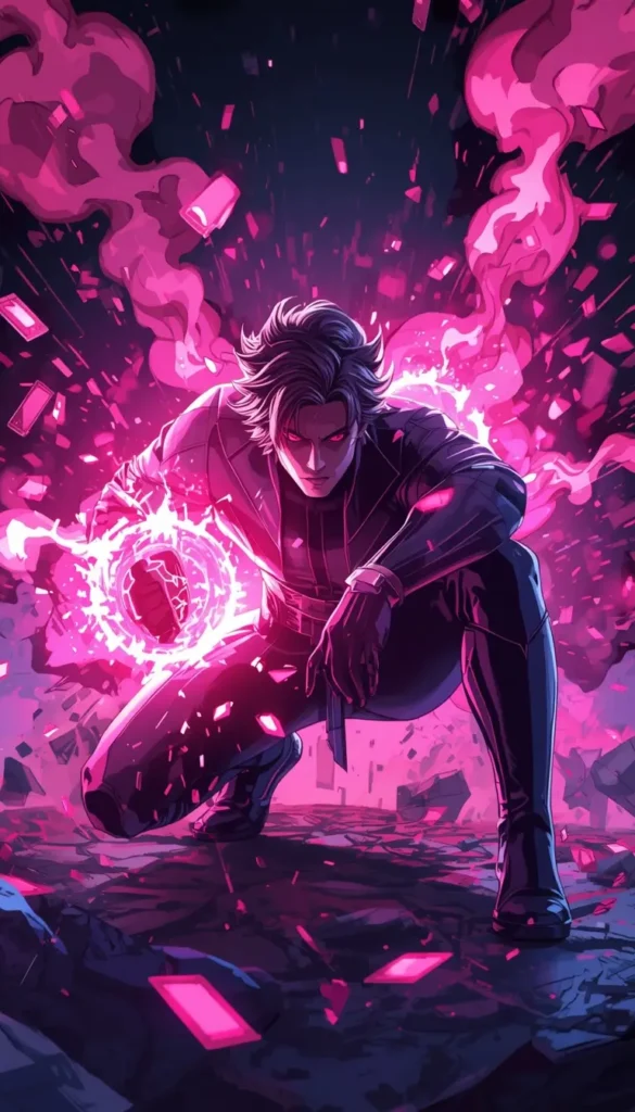 Wallpaper Gambit showing Gambit crouching with glowing pink kinetic energy and explosive neon effects in a dramatic action scene