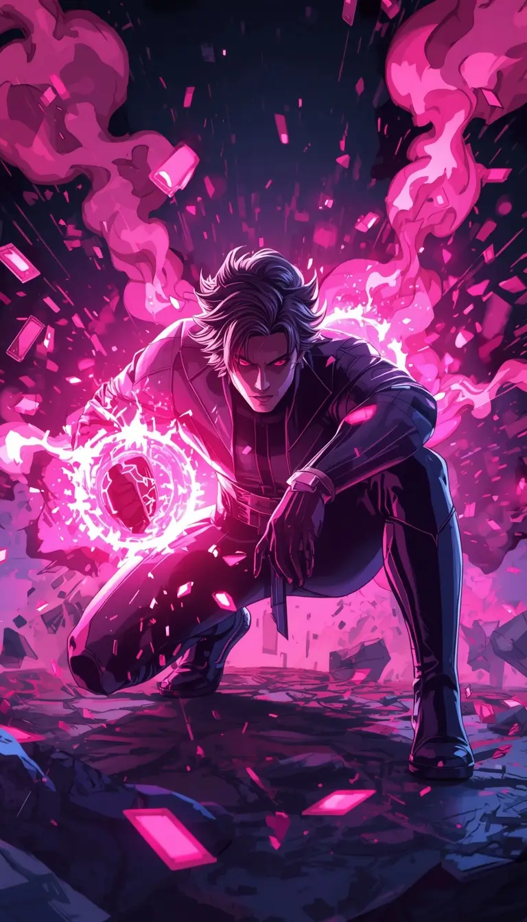 Wallpaper Gambit showing Gambit crouching with glowing pink kinetic energy and explosive neon effects in a dramatic action scene