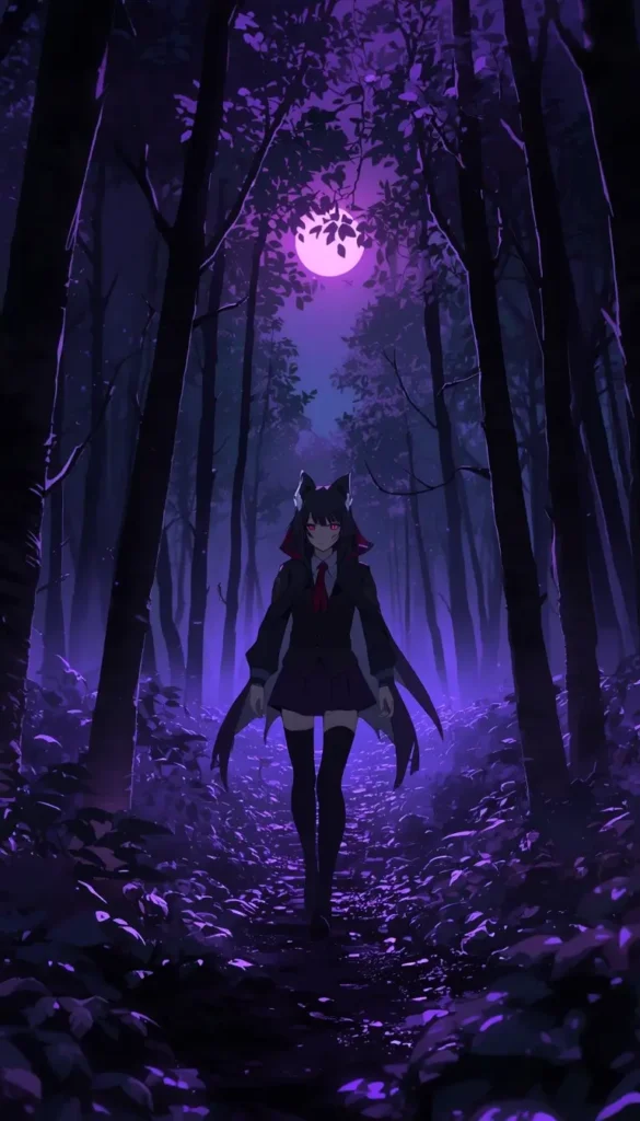 Wallpaper Gambit showing an anime-style character walking through a glowing purple forest under moonlight with dark fantasy aesthetics