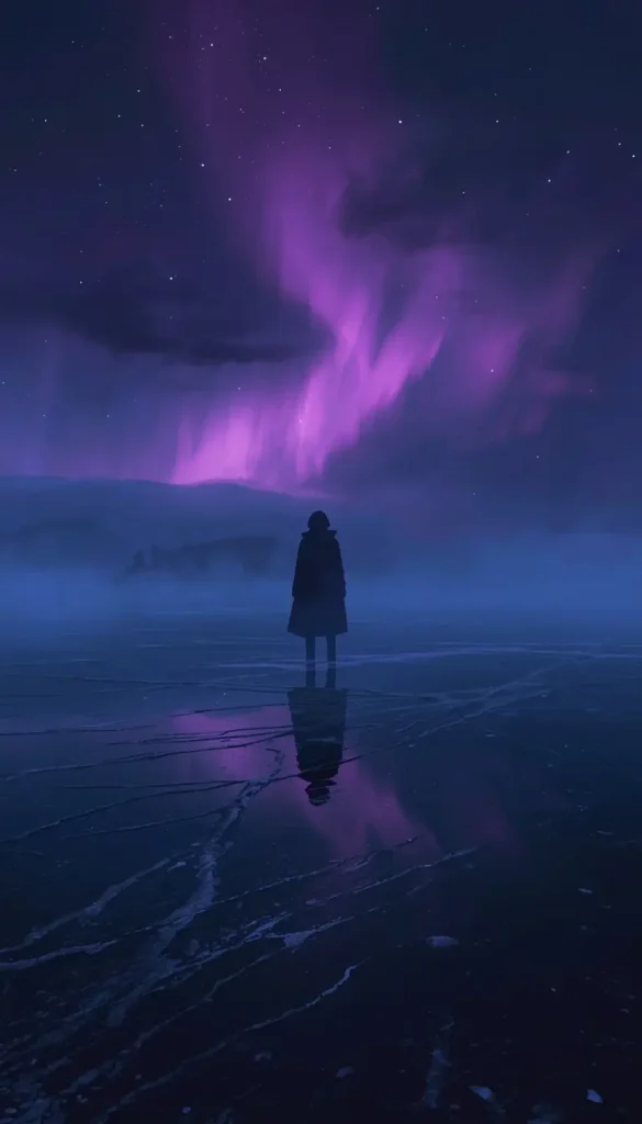 Wallpaper Gambit showing a lone figure standing on a frozen lake beneath a glowing purple aurora and starry night sky