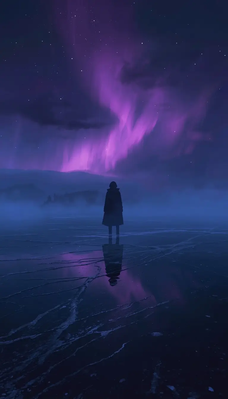 Wallpaper Gambit showing a lone figure standing on a frozen lake beneath a glowing purple aurora and starry night sky