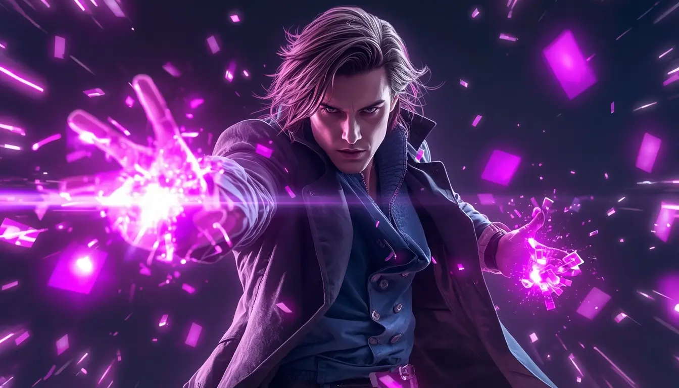Wallpaper Gambit featuring Gambit using glowing purple kinetic energy powers with explosive effects in a cinematic action scene