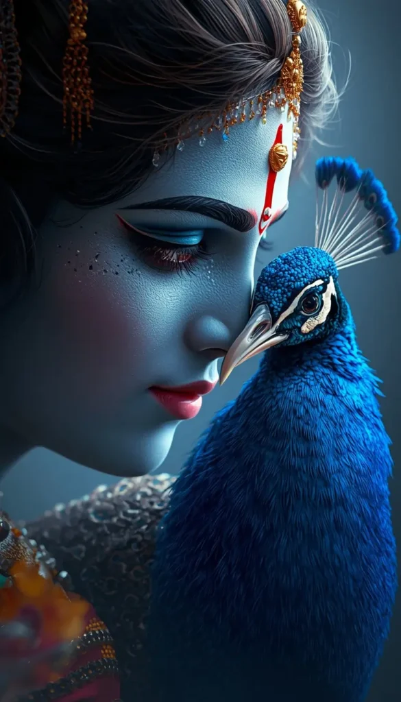 Artistic wallpaper-of-god-krishna showing Lord Shri Krishna beside a vibrant blue peacock in close-up portrait style