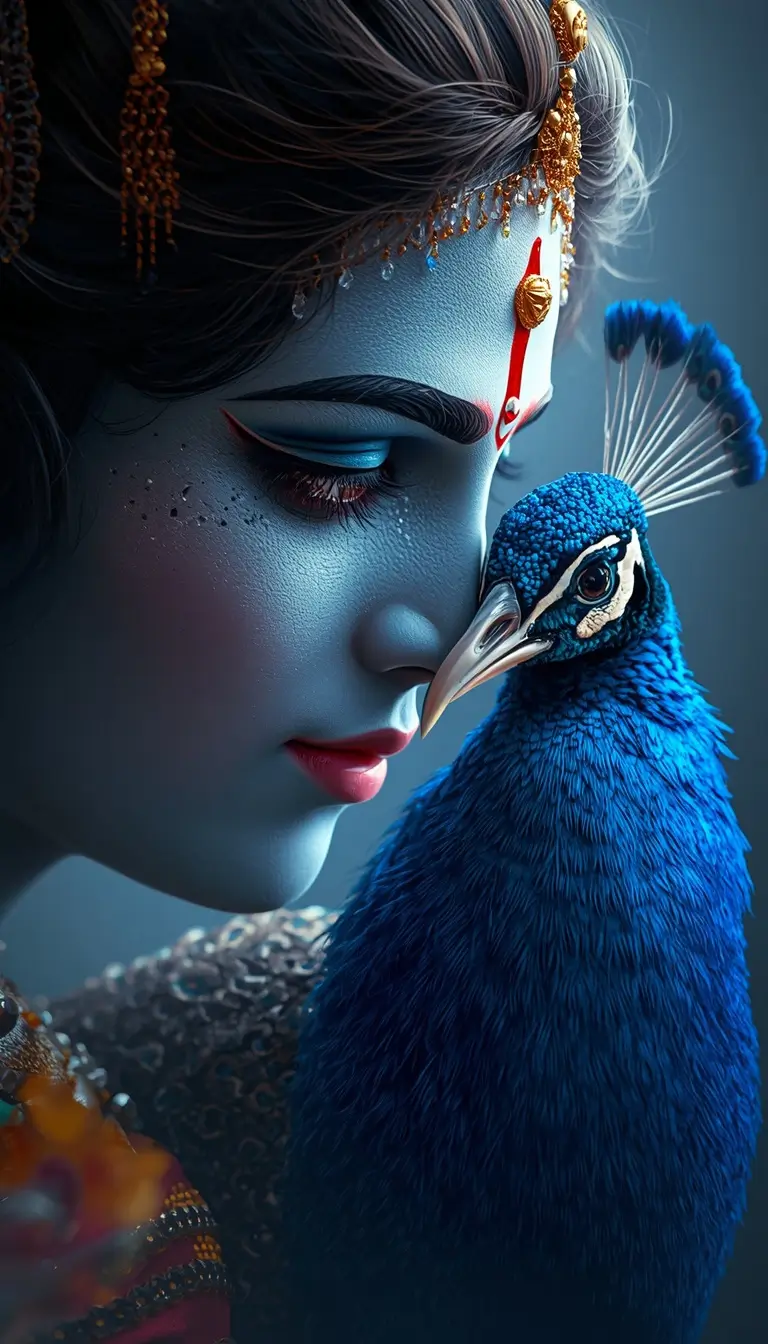 Artistic wallpaper-of-god-krishna showing Lord Shri Krishna beside a vibrant blue peacock in close-up portrait style