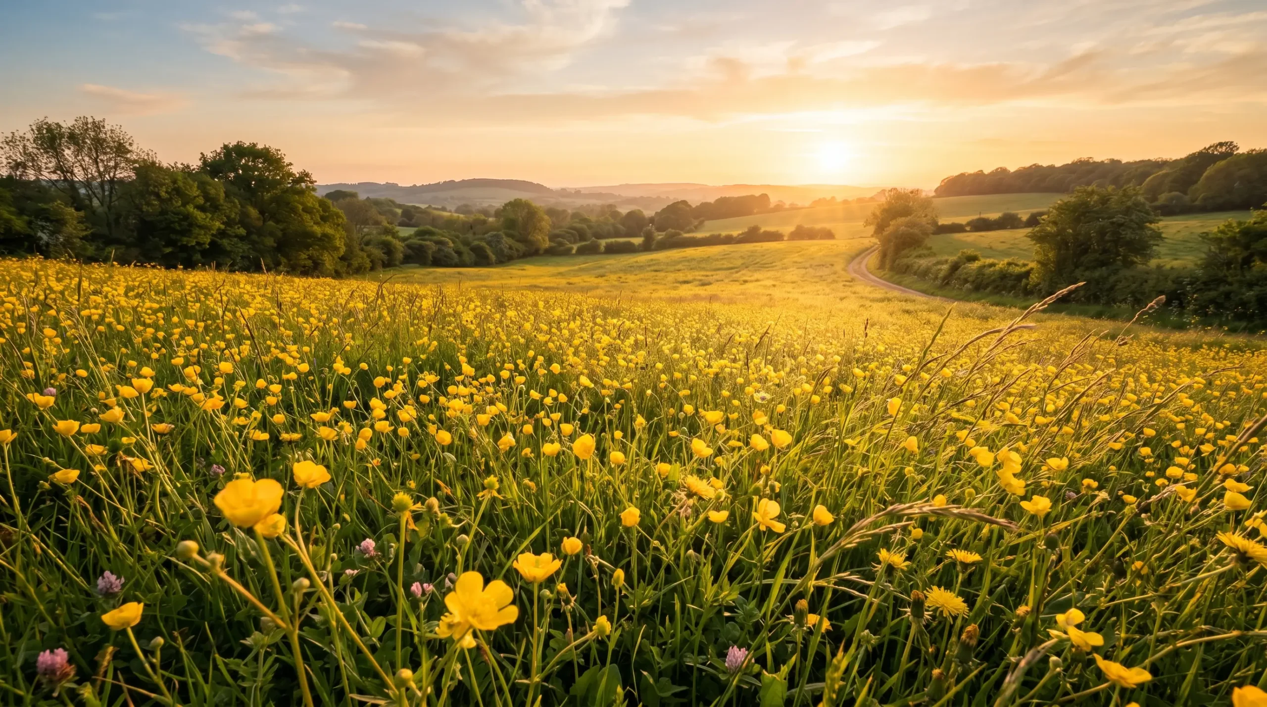 Golden yellow wildflower meadow at sunset with rolling hills, soft sunlight, and a peaceful countryside landscape.