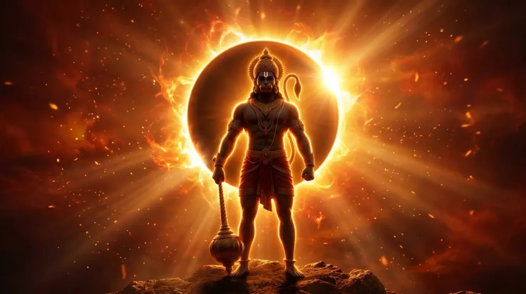 1080P Hanuman 4K HD wallpaper showing Lord Hanuman standing before a blazing solar eclipse with divine radiance.