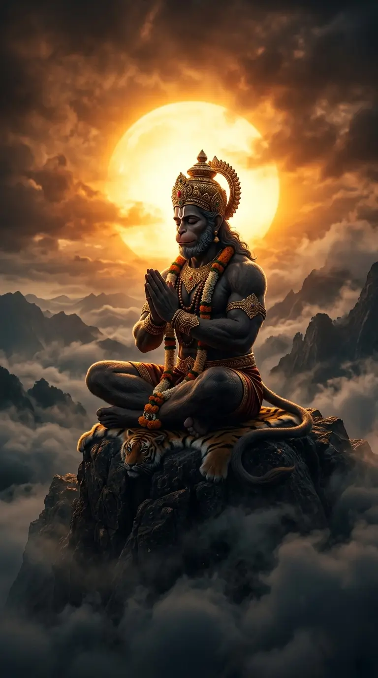 1080P Hanuman HD wallpaper showing Lord Hanuman praying on a mountain peak surrounded by clouds and golden sunlight.