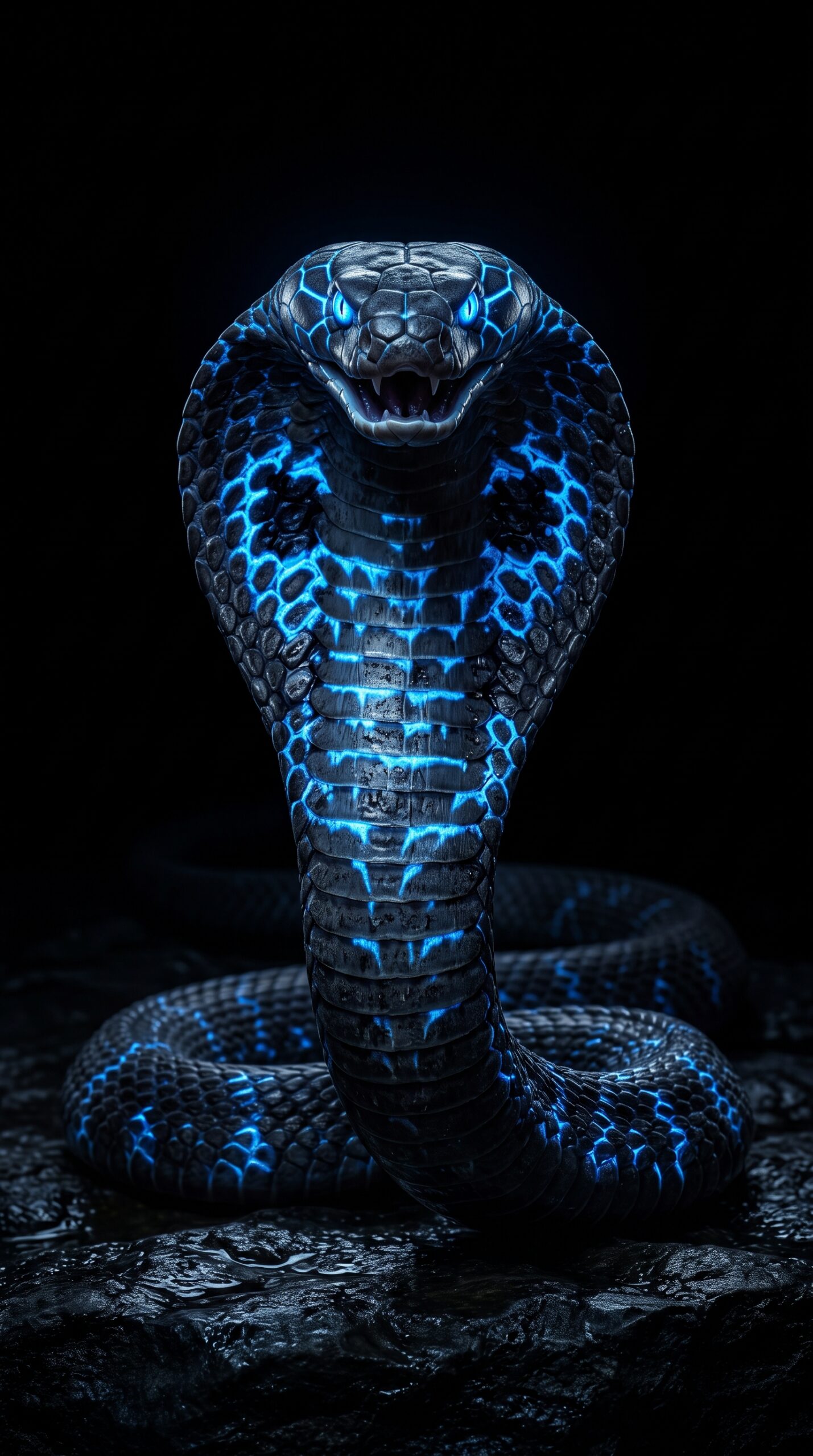 Black cobra with glowing blue scales and bright eyes on a dark AMOLED 4K wallpaper background.