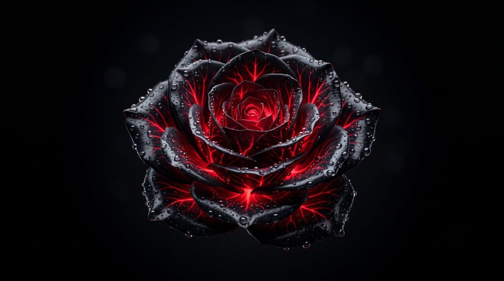 Black rose with glowing red veins and water droplets on a pure black AMOLED 4K wallpaper background.