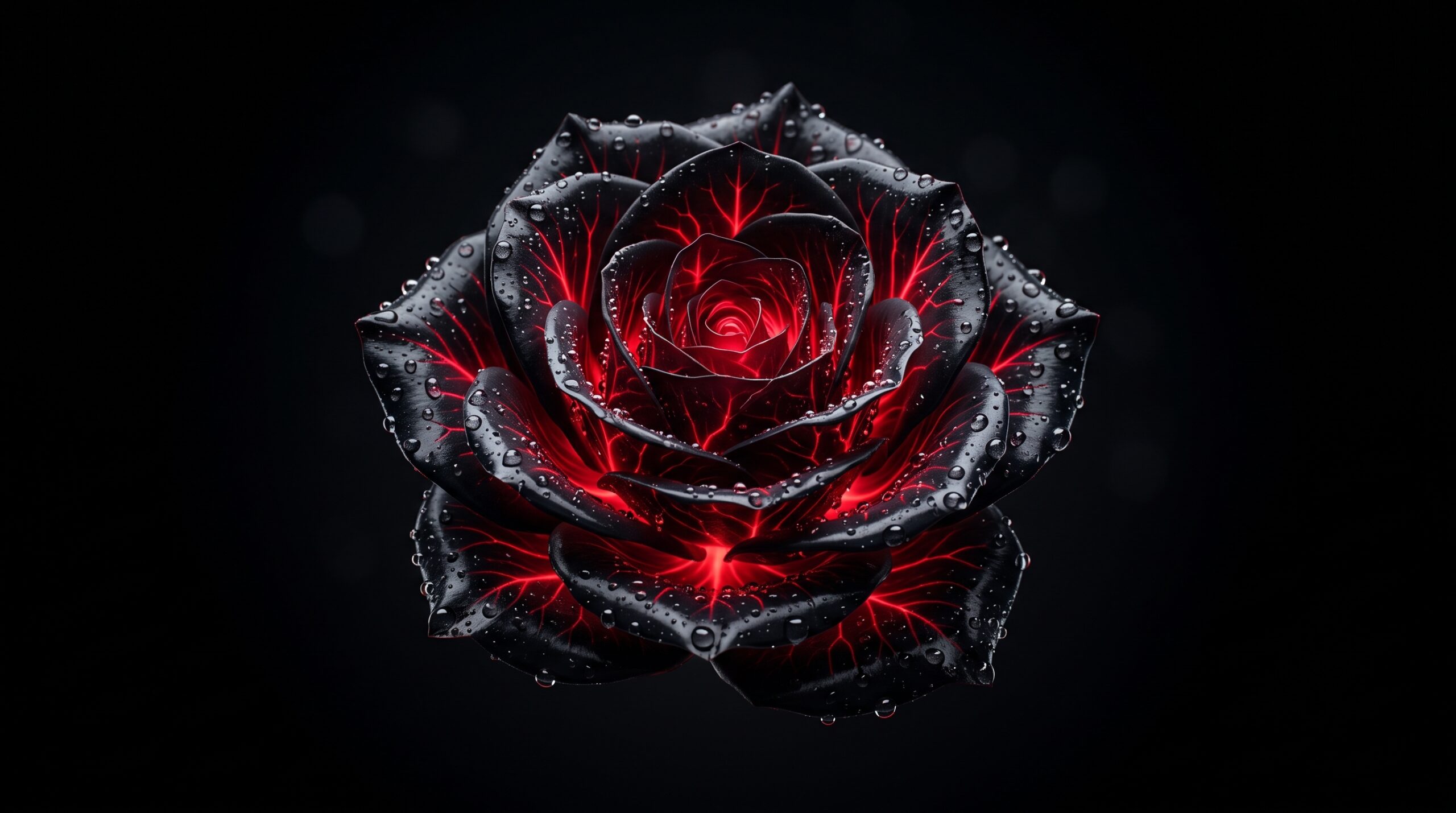 Black rose with glowing red veins and water droplets on a pure black AMOLED 4K wallpaper background.