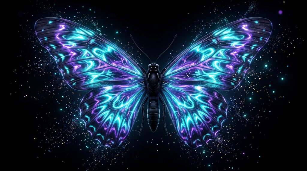 A breathtaking butterfly with radiant neon blue and violet wings floats against a deep black background, surrounded by shimmering cosmic particles. This AMOLED wallpaper 4K showcases vibrant bioluminescent patterns, exceptional OLED contrast, and a cinematic Ultra HD aesthetic. Perfect for phones and desktops, this high-resolution fantasy artwork blends celestial beauty, digital art, and luminous elegance into a mesmerizing wallpaper.