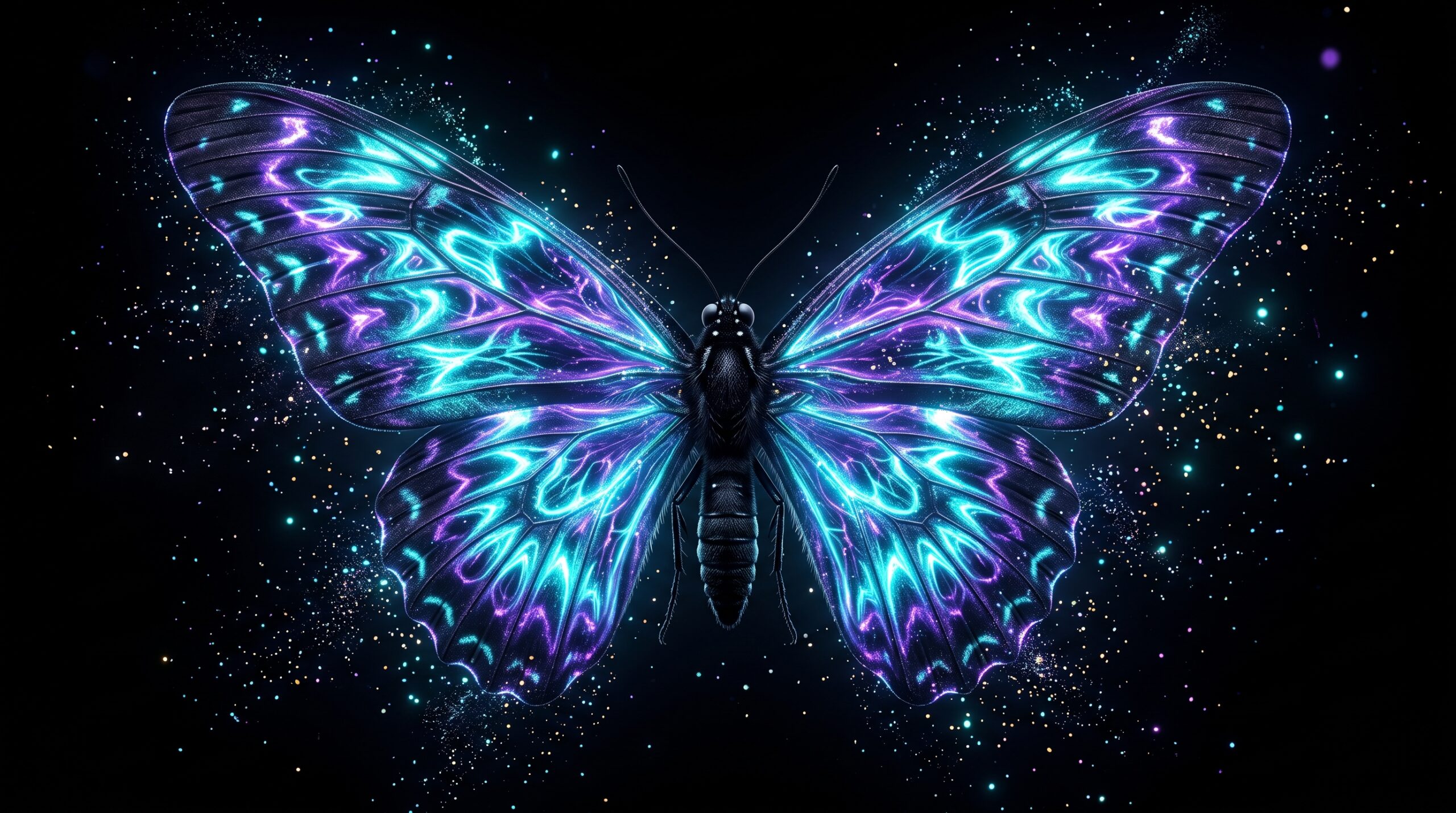 A breathtaking butterfly with radiant neon blue and violet wings floats against a deep black background, surrounded by shimmering cosmic particles. This AMOLED wallpaper 4K showcases vibrant bioluminescent patterns, exceptional OLED contrast, and a cinematic Ultra HD aesthetic. Perfect for phones and desktops, this high-resolution fantasy artwork blends celestial beauty, digital art, and luminous elegance into a mesmerizing wallpaper.