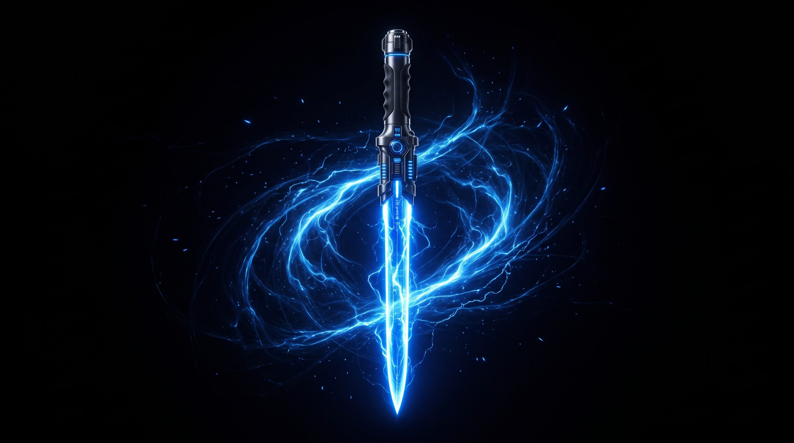Futuristic blue energy sword surrounded by electric lightning on a black AMOLED 4K wallpaper background.