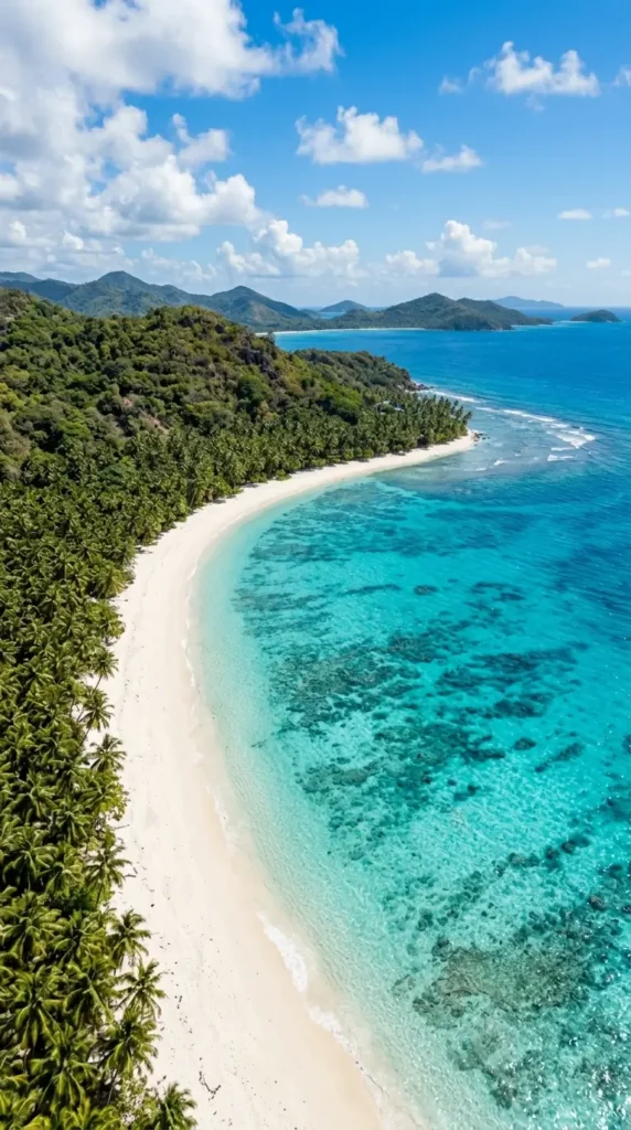 Aerial view of a tropical beach with turquoise ocean, white sand shoreline, palm forests, and distant islands.