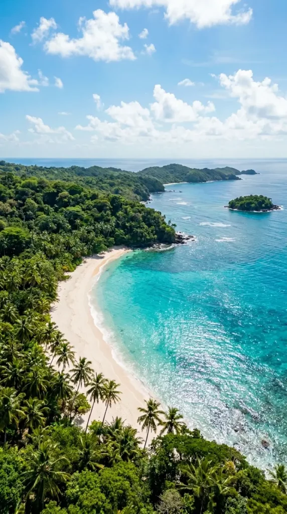 Aerial view of a tropical coastline with turquoise ocean, white sand beach, palm trees, and lush green islands.