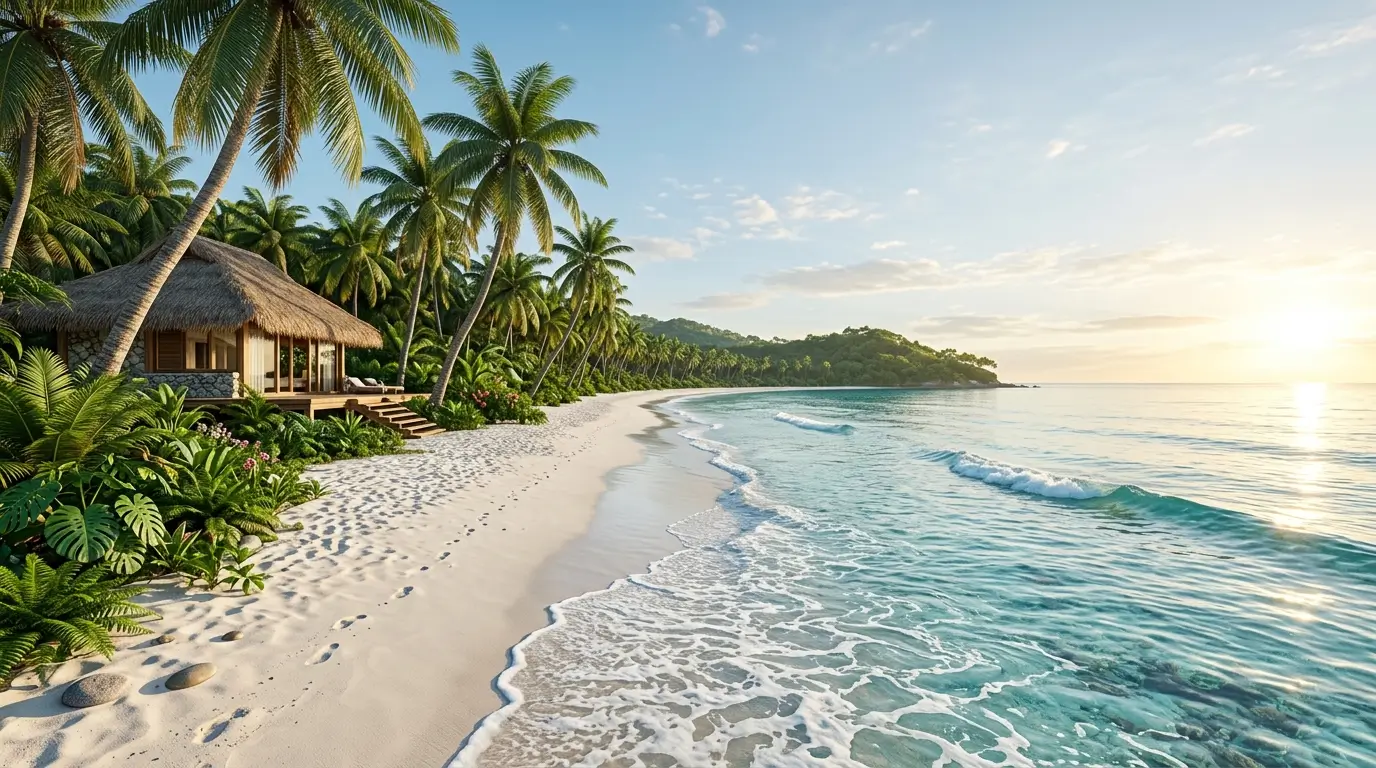 Tropical beach house beside a white sand beach with palm trees, turquoise ocean water, and a peaceful coastal view.