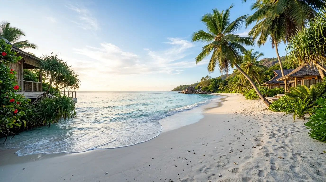 Tropical beach house beside a white sandy shore with palm trees, clear ocean water, and a peaceful coastal view.