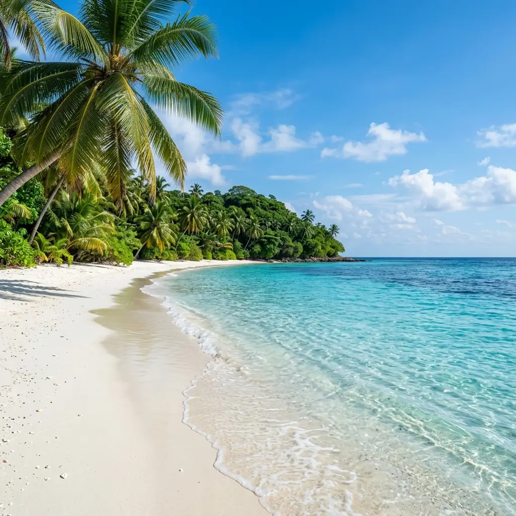 Tropical beach with crystal-clear turquoise water, white sand shoreline, palm trees, and a bright blue sky.