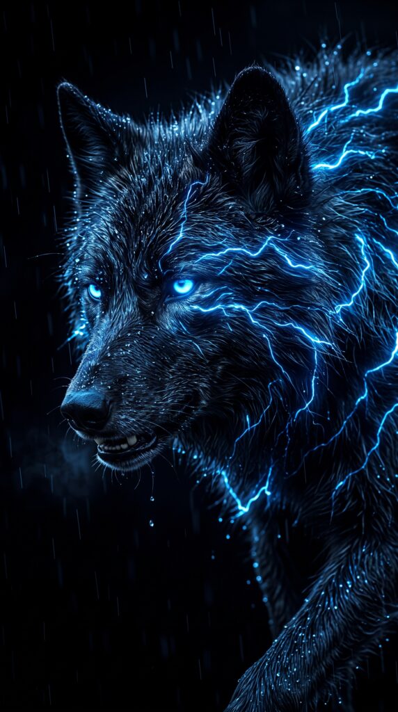Black wolf with glowing blue eyes and electric lightning across its fur on a black AMOLED 4K wallpaper background.