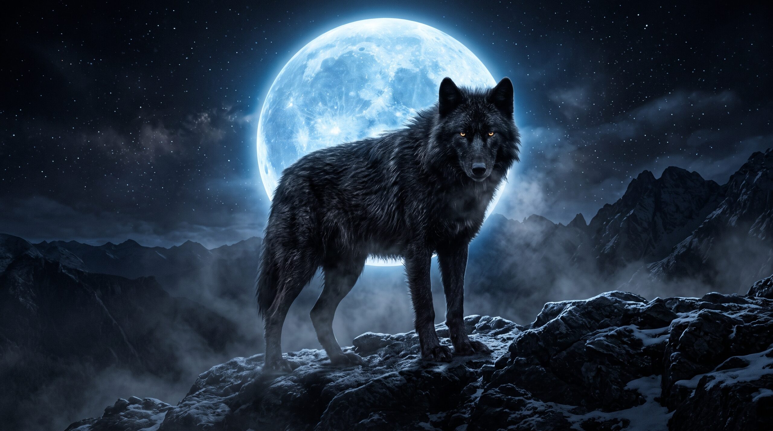 Black wolf standing on rocky mountains beneath a glowing full moon in a black AMOLED 4K wallpaper background.