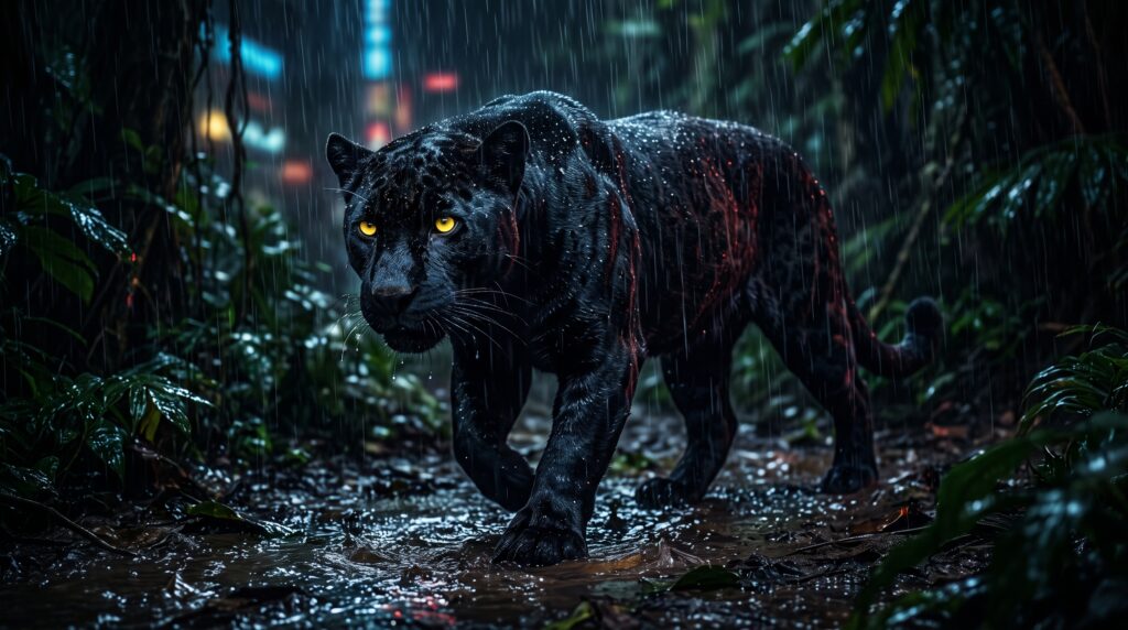 Black panther walking through a rainy jungle with glowing golden eyes in a dark AMOLED 4K wallpaper background.
