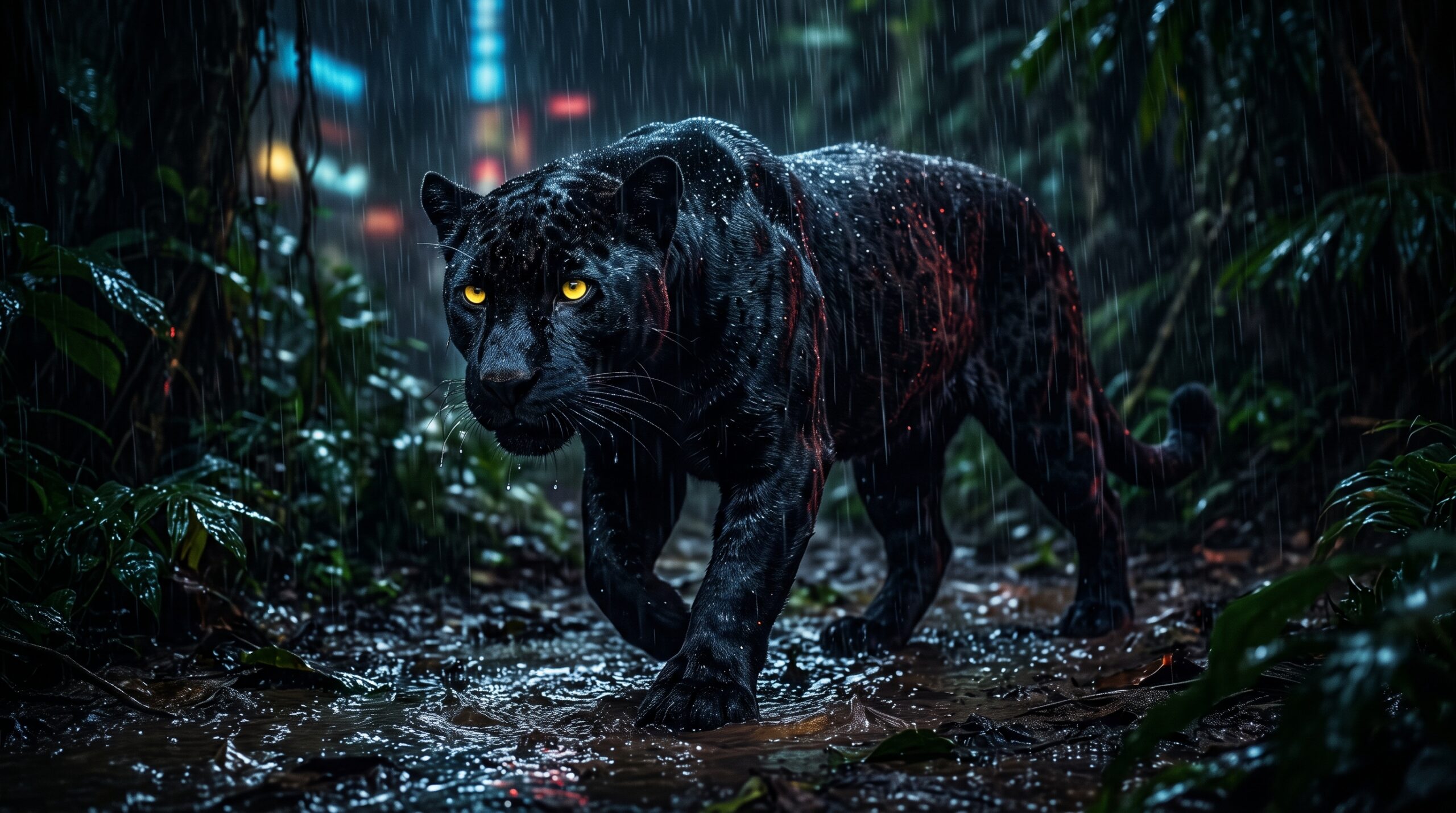 Black panther walking through a rainy jungle with glowing golden eyes in a dark AMOLED 4K wallpaper background.