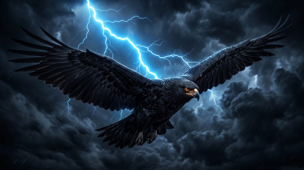 Black eagle flying through storm clouds with blue lightning in a dark AMOLED 4K wallpaper background.
